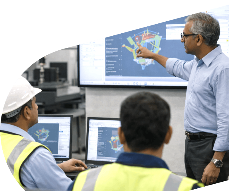 A metrologist using a CMM probe to measure a part with PolyWorks|Inspector through code‑free measurement sequencing.