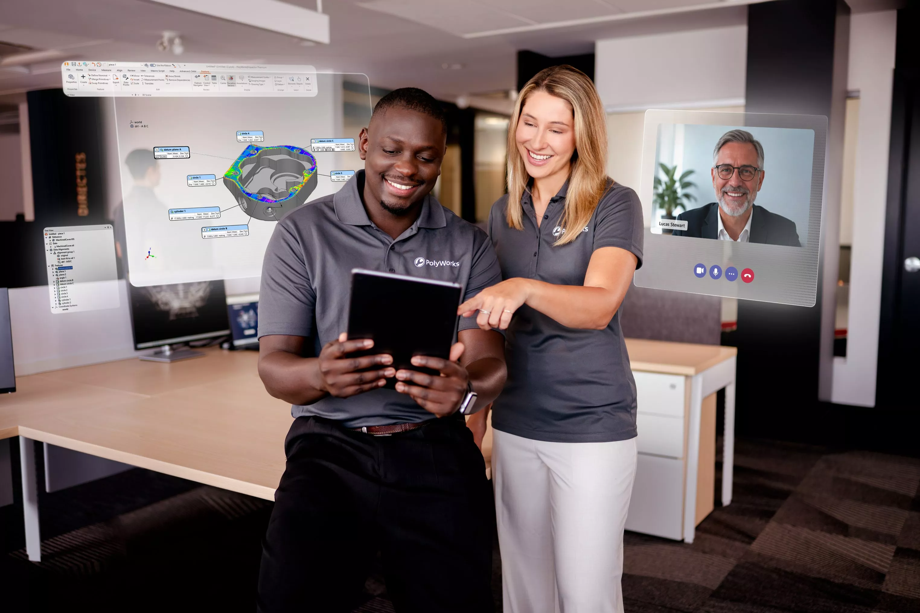 Two PolyWorks experts reviewing a 3D scanning report and providing metrology guidance to a customer during a virtual call.