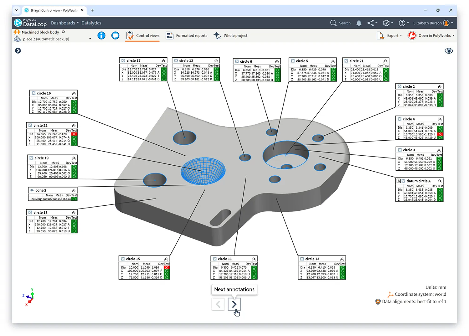 3D測定された部品に関する複数の注釈を示す PolyWorks|DataLoop 2025のスクリーンキャプチャ。
